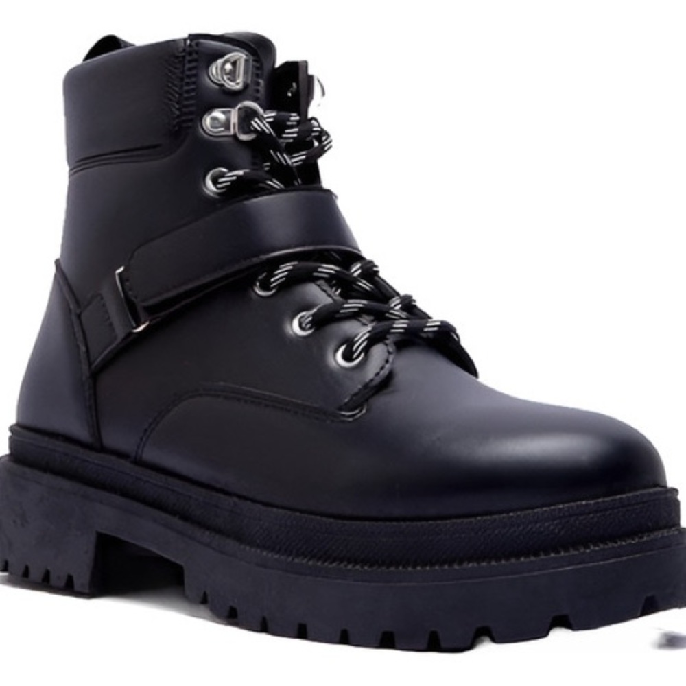 Black Combat Boots with Chunky Sole and Ankle Strap
